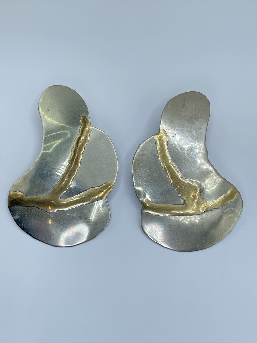 Vintage Brutalist Silver Gold Abstract Statement Earrings Modernist Earrings